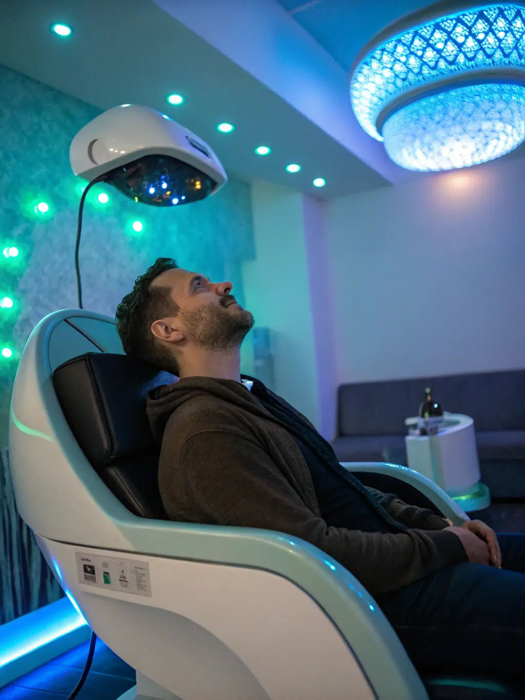 A photo of a client undergoing a non-surgical hair restoration procedure, highlighting the advanced technology used.