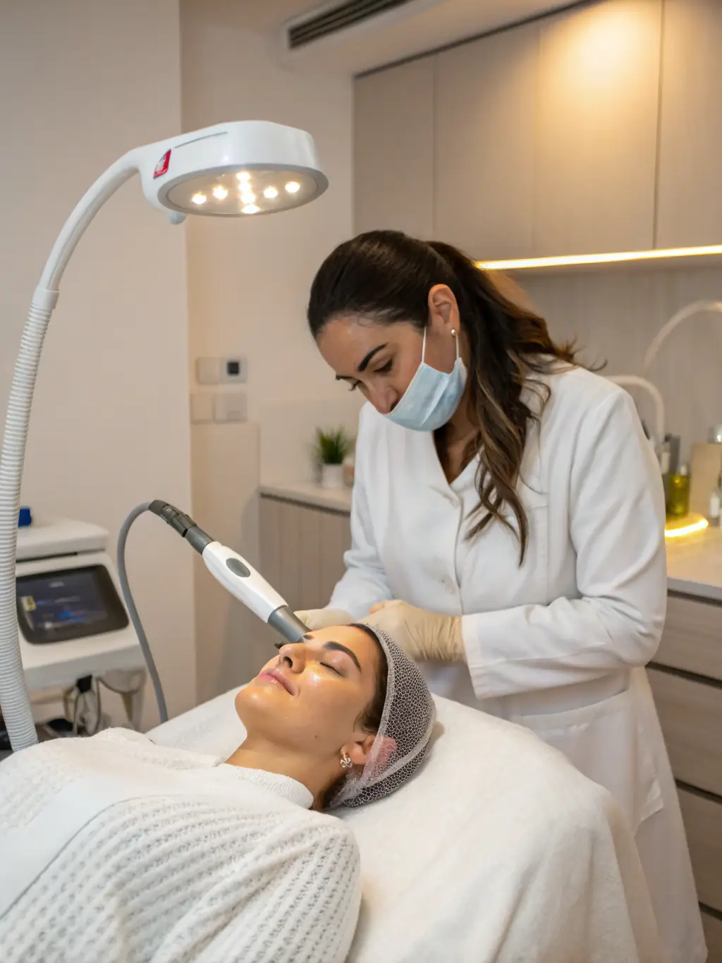 An image of a person receiving a laser therapy treatment on their scalp, emphasizing the use of advanced technology.